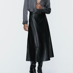 ZARA BELTED FAUX LEATHER CAPE SKIRT BLACK MIDI